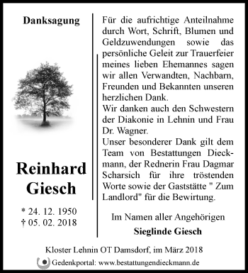 Traueranzeige von Reinhard Giesch von Märkische Oderzeitung