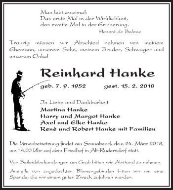 Traueranzeige von Reinhard Hanke von Märkische Oderzeitung