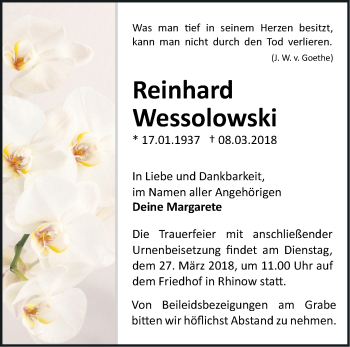 Traueranzeige von Reinhard Wessolowski von Märkische Oderzeitung