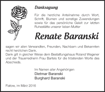 Traueranzeige von Renate Baranski von Märkische Oderzeitung