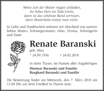 Traueranzeige von Renate Baranski von Märkische Oderzeitung