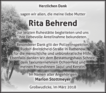 Traueranzeige von Rita Behrend von Märkische Oderzeitung