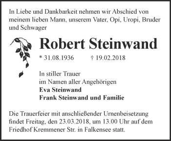 Traueranzeige von Robert Steinwand von Märkische Oderzeitung