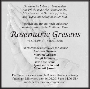 Traueranzeige von Rosemarie Gresens von Märkische Oderzeitung