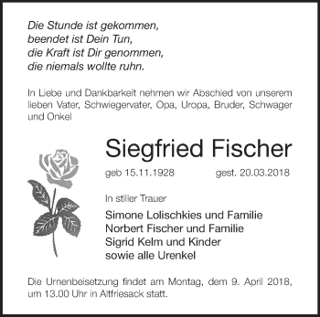 Traueranzeige von Siegfried Fischer von Märkische Oderzeitung