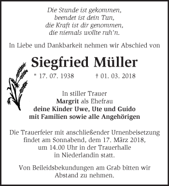 Traueranzeige von Siegfried Müller von Märkische Oderzeitung