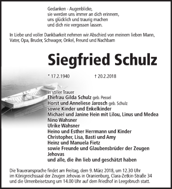 Traueranzeige von Siegfried Schulz von Märkische Oderzeitung