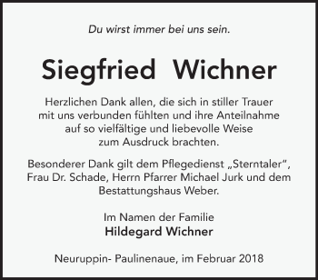 Traueranzeige von Siegfried Wichner von Märkische Oderzeitung