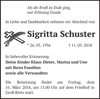 Traueranzeige von Sigritta Schuster von Märkische Oderzeitung