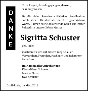 Traueranzeige von Sigritta Schuster von Märkische Oderzeitung