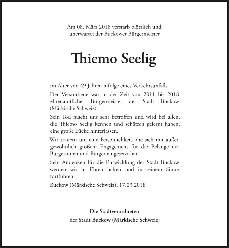  Traueranzeige für Thiemo Seelig vom 17.03.2018 aus Märkische Oderzeitung