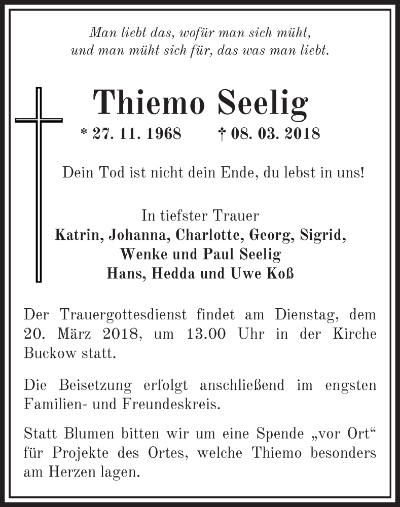  Traueranzeige für Thiemo Seelig vom 14.03.2018 aus Märkische Oderzeitung