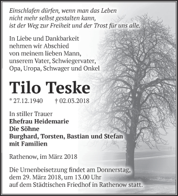 Traueranzeige von Tilo Teske von Märkische Oderzeitung