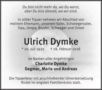 Traueranzeige von Ulrich Dymke von Märkische Oderzeitung