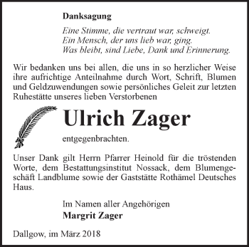 Traueranzeige von Ulrich Zager von Märkische Oderzeitung