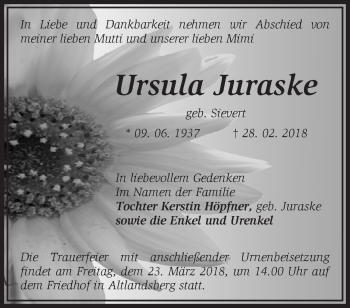 Traueranzeige von Ursula Juraske von Märkische Oderzeitung