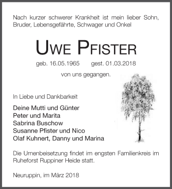 Traueranzeige von Uwe Pfister von Märkische Oderzeitung