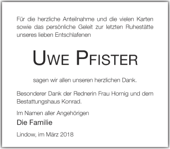 Traueranzeige von Uwe Pfister von Märkische Oderzeitung