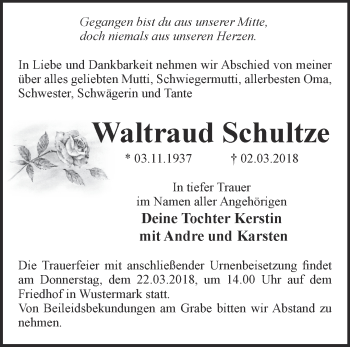 Traueranzeige von Waltraud Schultze von Märkische Oderzeitung