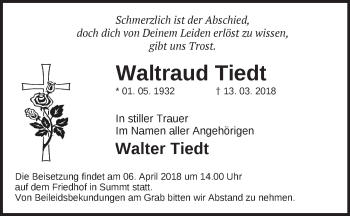 Traueranzeige von Waltraud Tiedt von Märkische Oderzeitung