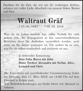Traueranzeige von Waltraut Gräf von Märkische Oderzeitung