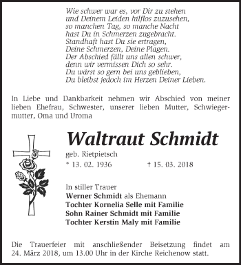 Traueranzeige von Waltraut Schmidt von Märkische Oderzeitung