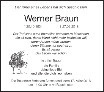 Traueranzeige von Werner Braun von Märkische Oderzeitung
