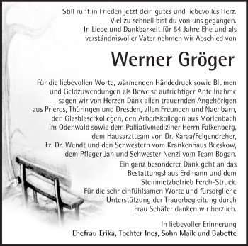 Traueranzeige von Werner Gröger von Märkische Oderzeitung