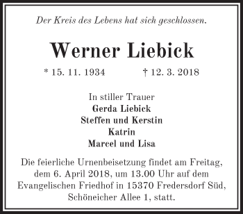 Traueranzeige von Werner Liebick von Märkische Oderzeitung