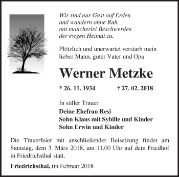 Traueranzeige von Werner Metzke von Märkische Oderzeitung