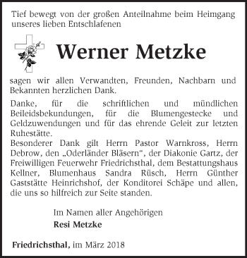 Traueranzeige von Werner Metzke von Märkische Oderzeitung