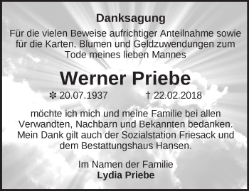Traueranzeige von Werner Priebe von Märkische Oderzeitung