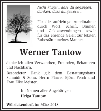 Traueranzeige von Werner Tantow von Märkische Oderzeitung