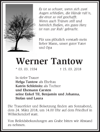 Traueranzeige von Werner Tantow von Märkische Oderzeitung