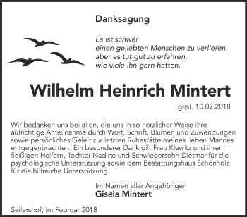 Traueranzeige von Wilhelm Heinrich Mintert von Märkische Oderzeitung