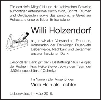 Traueranzeige von Willi Holzendorf von Märkische Oderzeitung