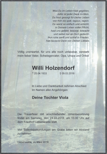 Traueranzeige von Willi Holzendorf von Märkische Oderzeitung