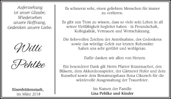Traueranzeige von Willi Pehlke von Märkische Oderzeitung
