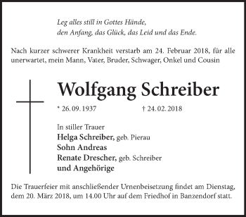 Traueranzeige von Wolfgang Schreiber von Märkische Oderzeitung