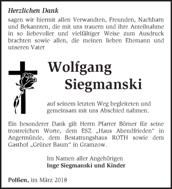 Traueranzeige von Wolfgang Siegmanski von Märkische Oderzeitung