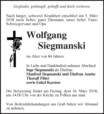 Traueranzeige von Wolfgang Siegmanski von Märkische Oderzeitung