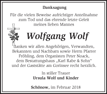 Traueranzeige von Wolfgang Wolf von Märkische Oderzeitung