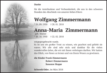 Traueranzeige von Wolfgang und Anna-Maria Zimmermann von Märkische Oderzeitung