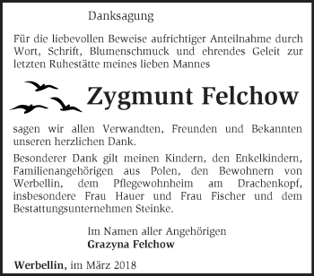 Traueranzeige von Zygmunt Felchow von Märkische Oderzeitung