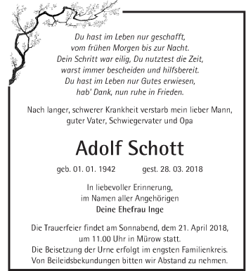 Traueranzeige von Adolf Schott von Märkische Oderzeitung