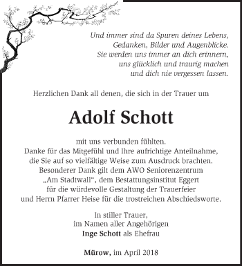 Traueranzeige von Adolf Schott von Märkische Oderzeitung