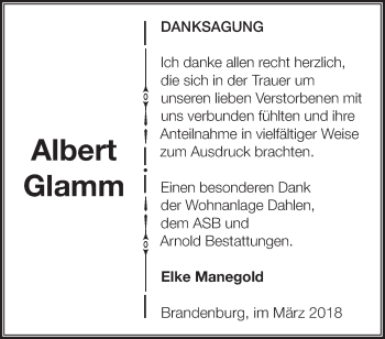 Traueranzeige von Albert Glamm von Märkische Oderzeitung