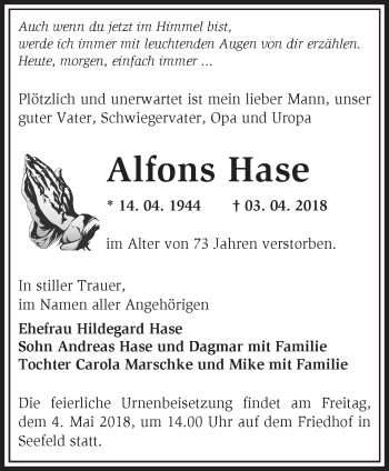 Traueranzeige von Alfons Hase von Märkische Oderzeitung