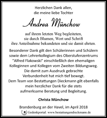 Traueranzeige von Andrea Münchow von Märkische Oderzeitung