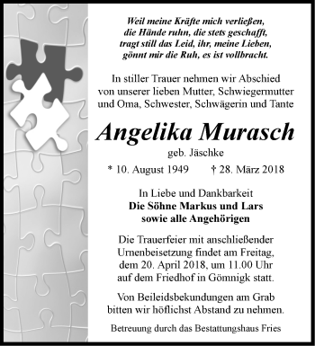 Traueranzeige von Angelika Murasch von Märkische Oderzeitung